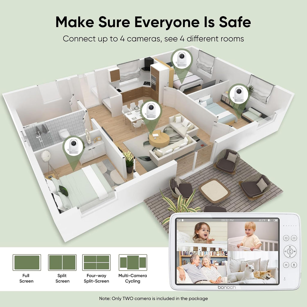 bonoch MegaView Baby Monitor No WiFi, 10' 720p Video Baby Montior with Camera and Audio, Up to Quad Split Screen, 10000mAh Battery, VOX Mode, Remote PTZ, Night Vision, for Multi-Child, Pets, Elderly