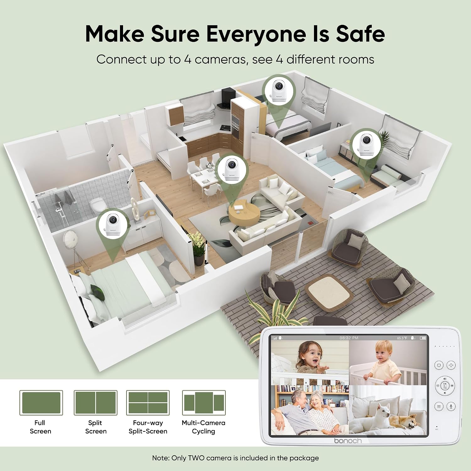 bonoch MegaView Baby Monitor No WiFi, 10' 720p Video Baby Montior with Camera and Audio, Up to Quad Split Screen, 10000mAh Battery, VOX Mode, Remote PTZ, Night Vision, for Multi-Child, Pets, Elderly