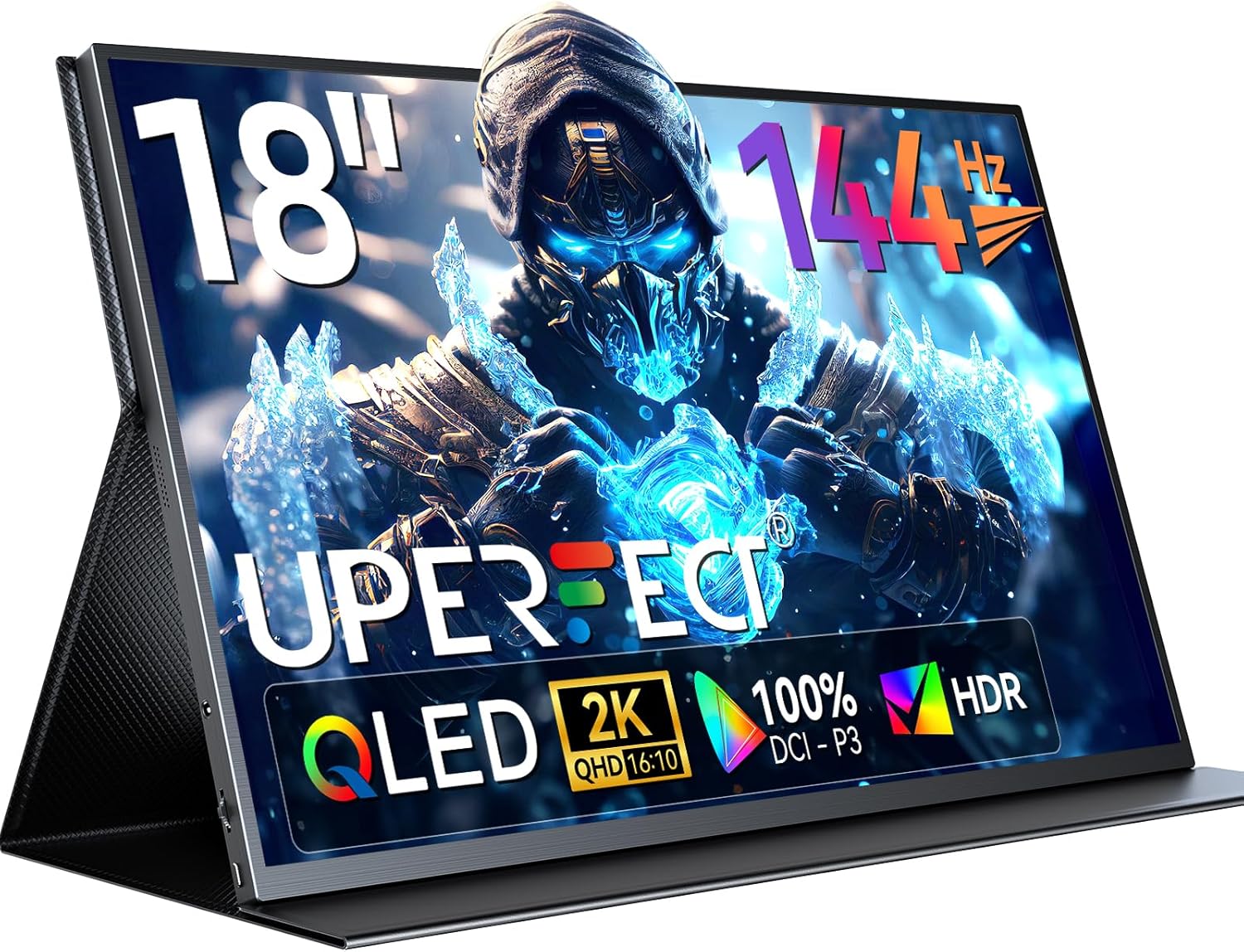 UPERFECT 18' QLED Portable Monitor, 2K 2560×1600, 144Hz Gaming Display, 400 Nits Brightness, FreeSync HDR, 100% DCI-P3, Ultra-Slim USB-C/HDMI Monitor for Laptop MacBook Phone Game Console, VESA Mount