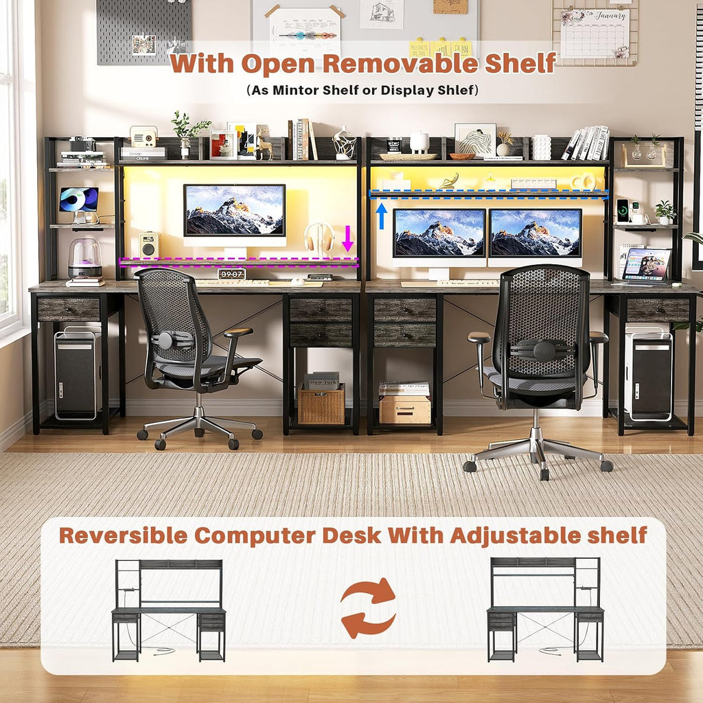 Aheaplus Desk with LED and Outlets, Gaming Desks with Hutch, 55.2'' Computer Desk with Drawers, Reversible Office Desk with Storage Bookshelf Large Workstation with Shelf, Desk for Home, Black Oak