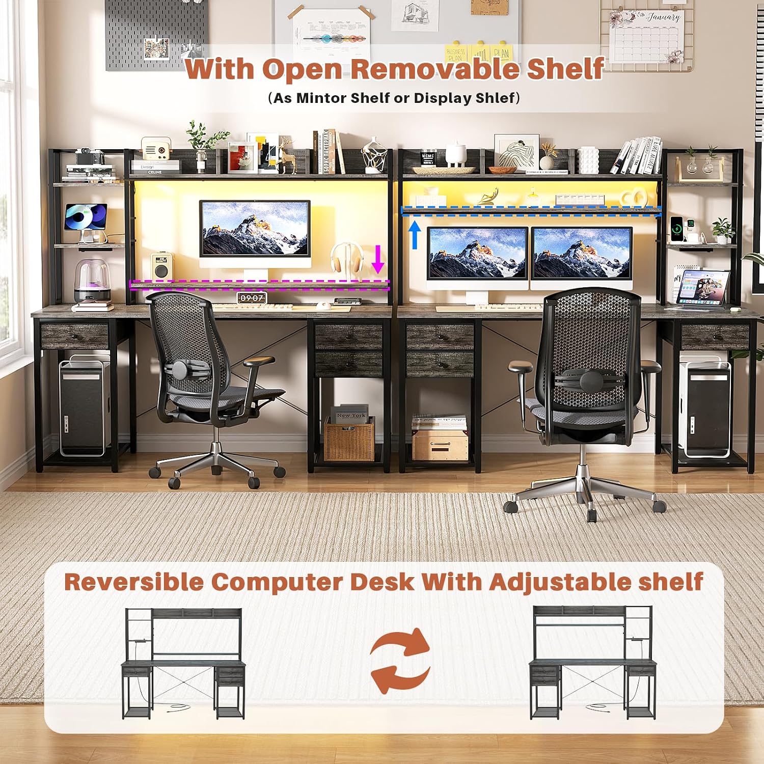 Aheaplus Desk with LED and Outlets, Gaming Desks with Hutch, 55.2'' Computer Desk with Drawers, Reversible Office Desk with Storage Bookshelf Large Workstation with Shelf, Desk for Home, Black Oak