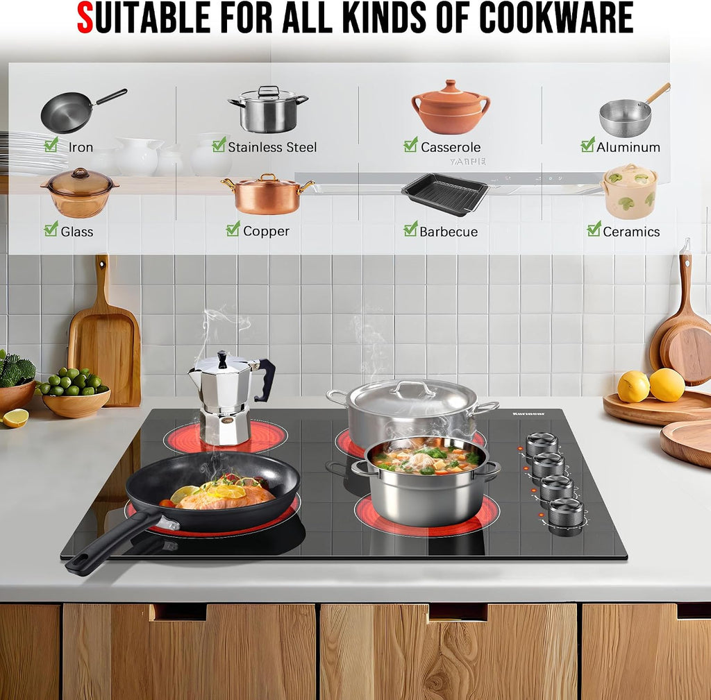 Karinear 4 Burner Electric Cooktop 24 Inch, Built-in Stove Top, 220-240v Radiant Cooktop with Knob Control, Residual Heat Indicator, Over-Temperature Protection, Hard Wire, Sliver Knob