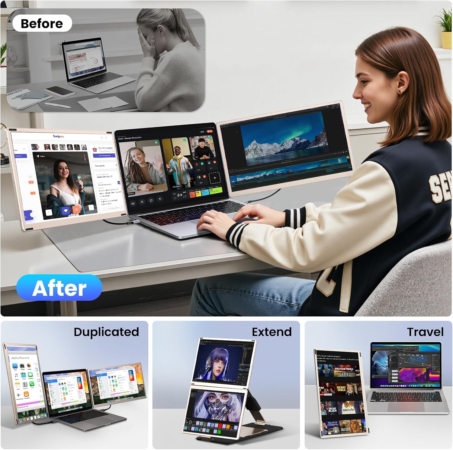 Laptop Screen Extender,Upgraded 15.6' Portable Monitor,FHD 1080P Triple Laptop Screen Extender,Detachable Dual Monitor for 13'-17' Laptops,Plug & Play,Compatible with Mac/Wins/Chrome/Dex