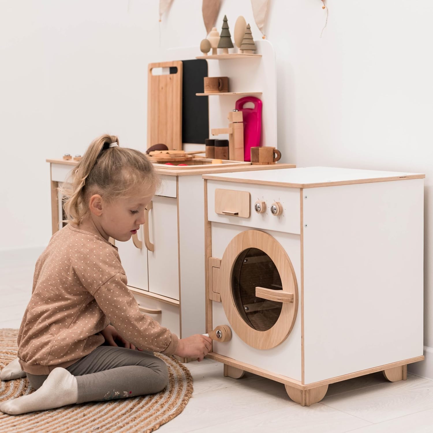 Toy Washing Machine Wooden Play Kitchen - Pretend Play Cleaning Set Washing Machine Toy for Kids - Pretend Play Toys for Toddlers Christmas Gifts for Children (Natural)