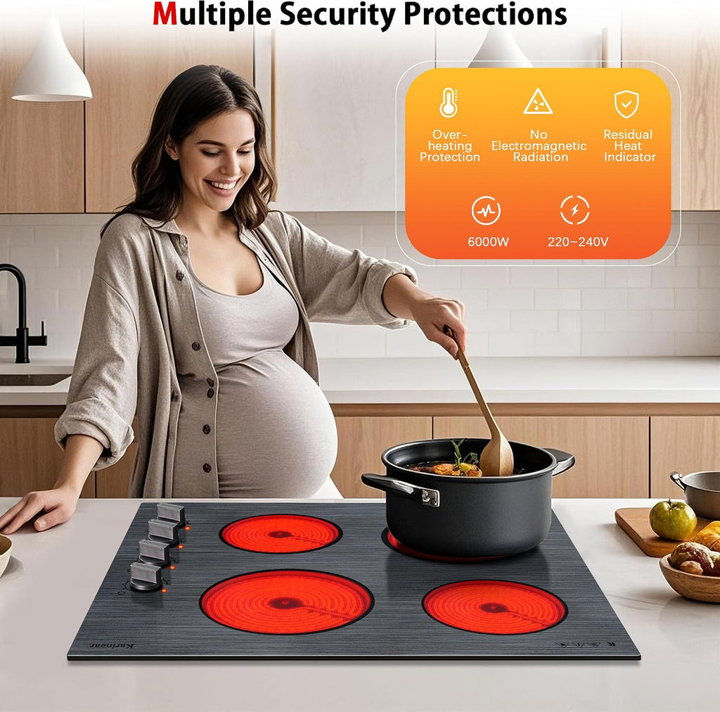 Karinear Electric Cooktop 24 Inch, 4 Burners Electric Stove Knob Control, Built-in Ceramic Cooktop with Beautiful Woodgrain Pattern Glass Surface, 6000W, 220-240v Hard Wired(No Plug)