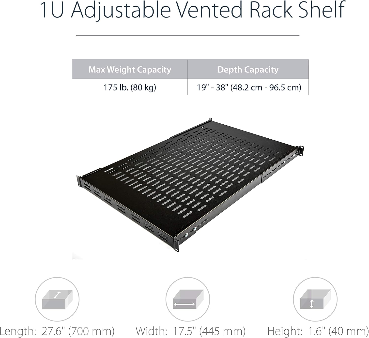 StarTech.com 1U Adjustable Vented Server Rack Mount Shelf - 175lbs - 19.5 to 38in Adjustable Mounting Depth Universal Tray for 19' AV/ Network Equipment Rack - 27.5in Deep , TAA (ADJSHELF)