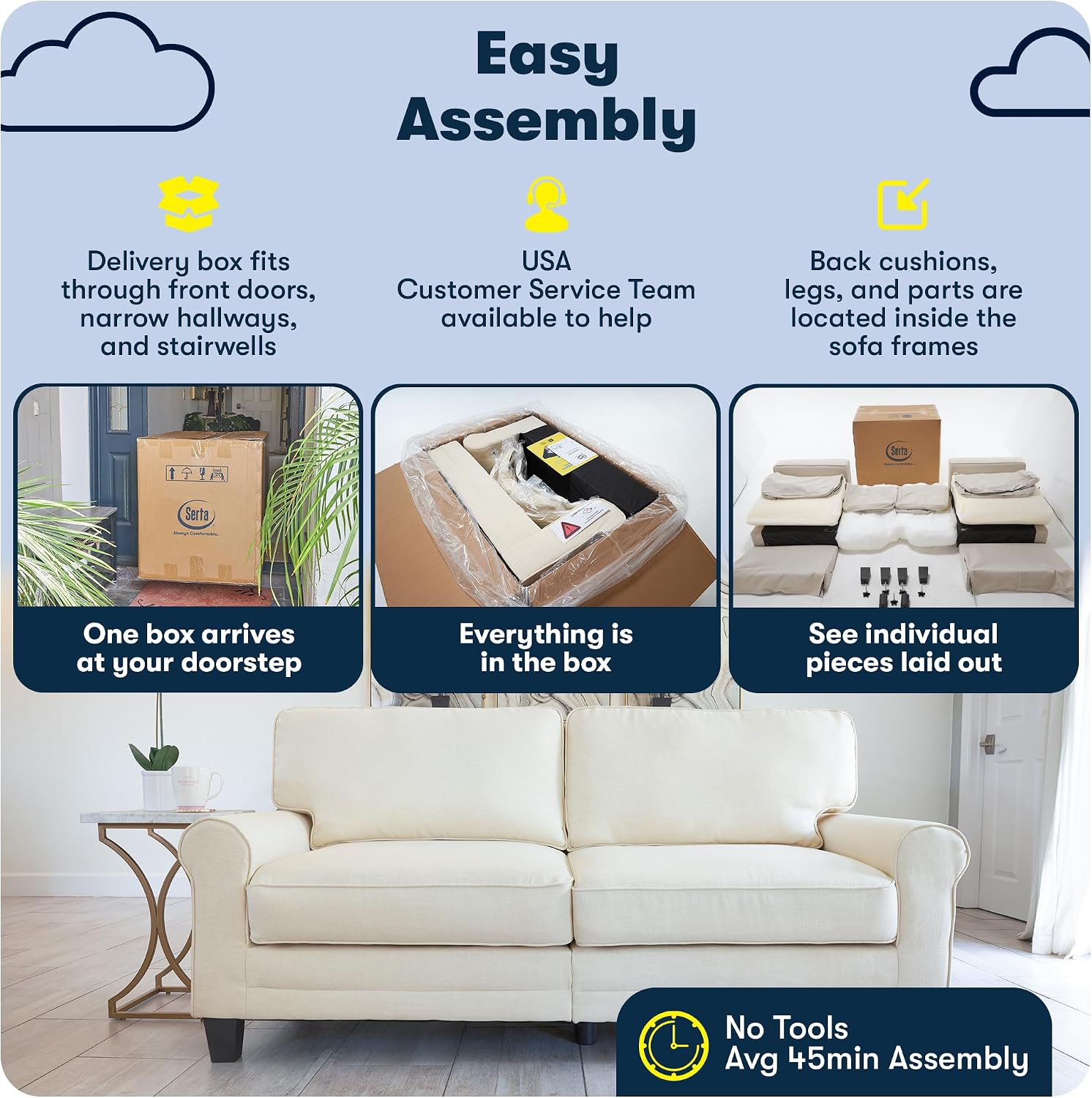 Serta Copenhagen 73' Rolled Arm Sofa, Easy Care Polyester, Soft Pillow Back, Pocket Coil Seat Cushions, Removable Covers, Loveseat or Couch for Small Spaces, Living Rooms or Bedrooms, Cream White