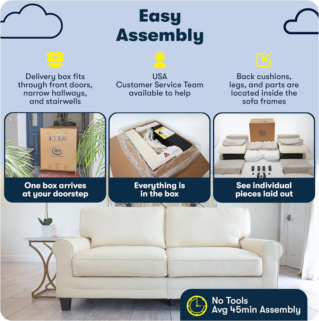 Serta Copenhagen 78' Rolled Arm Sofa, Easy Care Polyester, Soft Pillow Back, Pocket Coil Seat Cushions, Removable Covers, Loveseat or Couch for Small Spaces, Living Rooms or Bedrooms, Cream White