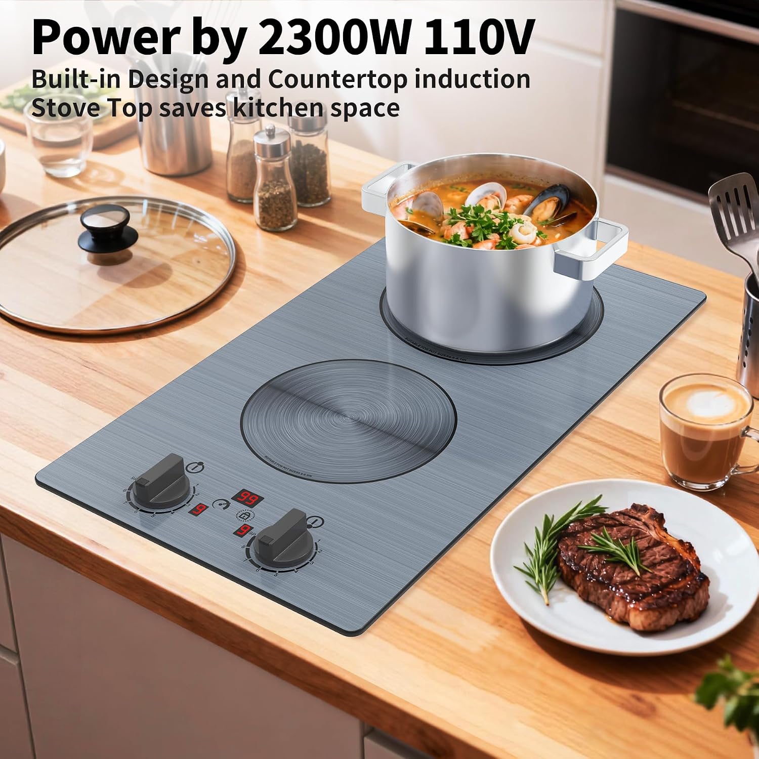 GlHETKUT Induction Cooktop,110V 2300W double burner hot plate with LED Touch Screen,9 Power Levels,Kids Lock & Timer,knob and touch control 2 burner induction cooktop
