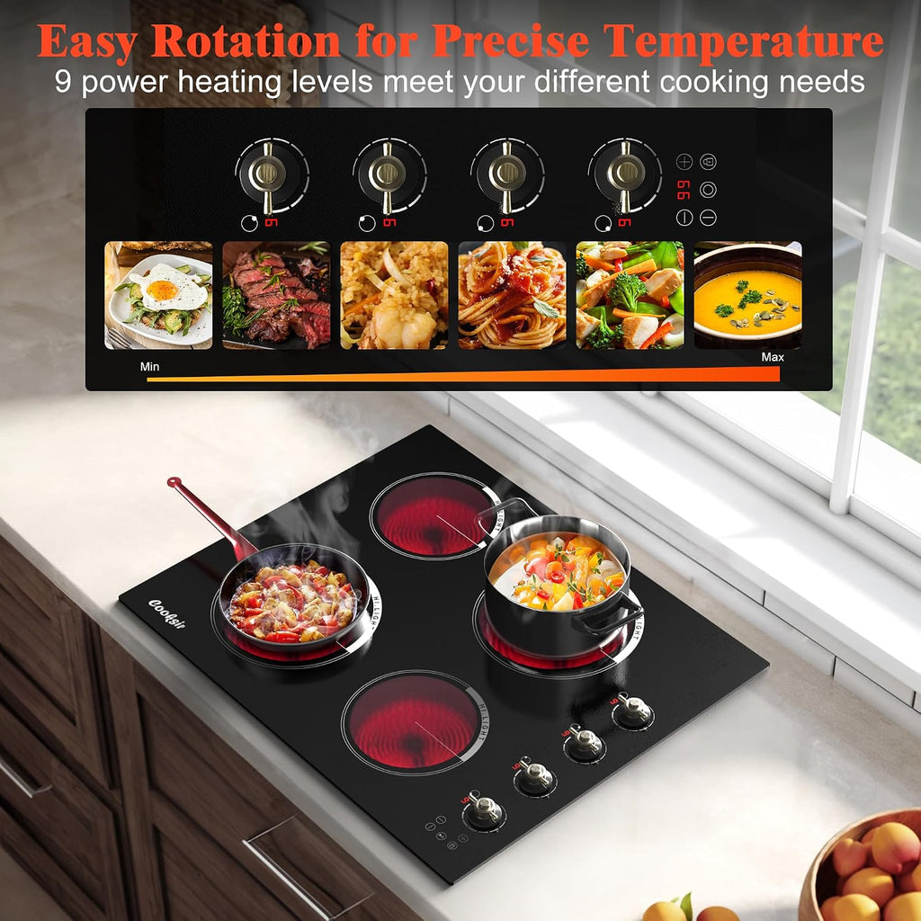 24 Inch Electric Cooktop - 4 Burner Built-in(22.05'x19.3') Glass Ceramic Stovetop 6000W, 220V Electric Stove Touch and Knob Control, Safety Lock, Pause, 99 Min Timer, 240V Hard Wire(No Plug)