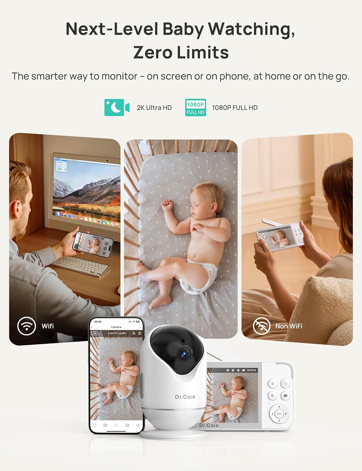 Dr.Care VistaView 5' Smart WiFi Baby Monitor with Clip Mount - 2K HD Camera, App Control, Cry & Motion Alerts, Night Vision, 5000mAh Battery, 2-Way Talk, Multi-User, Triple Security
