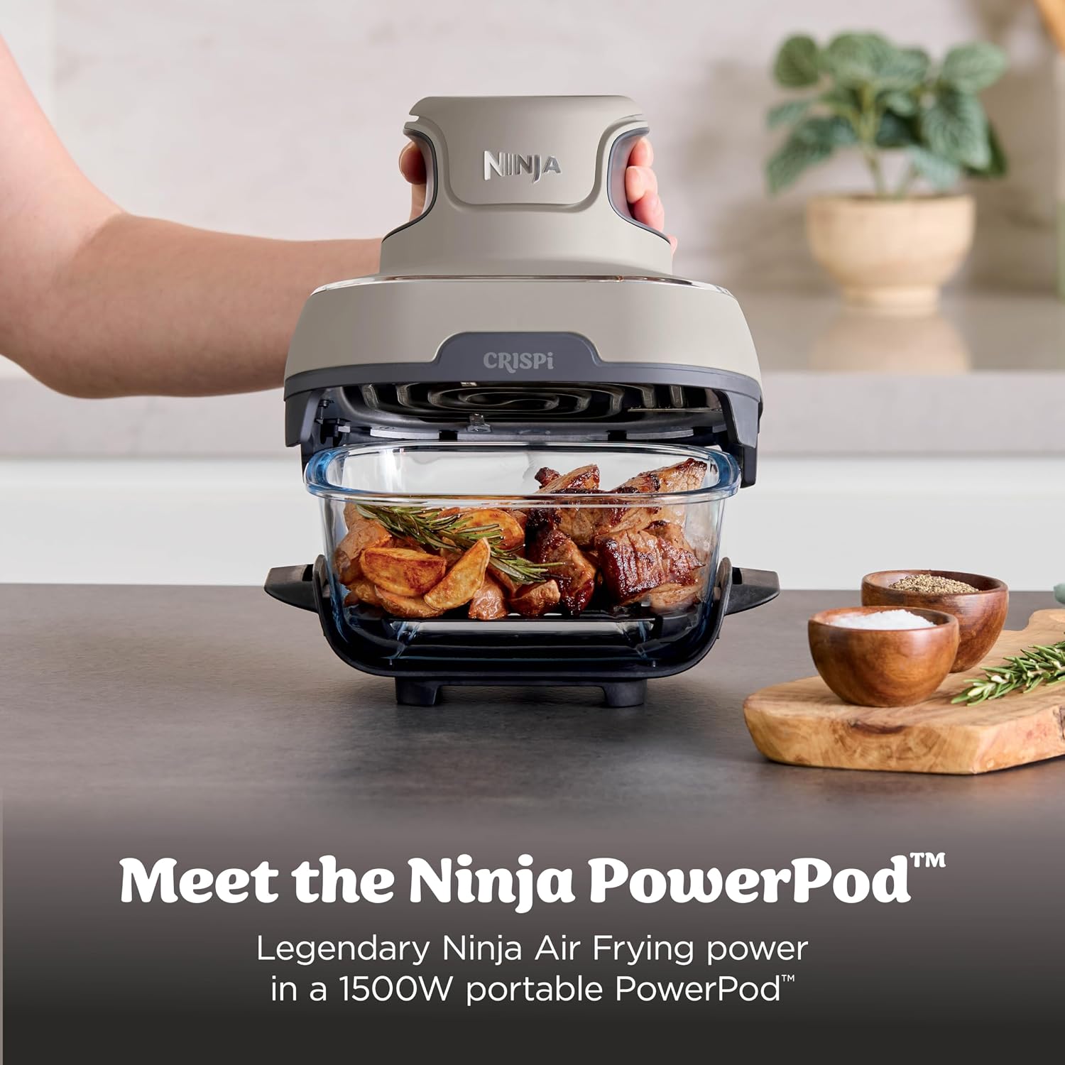 Ninja Crispi 4-in-1 Glass Air Fryer | With Non-Toxic 4QT & 6-Cup Glass Containers & Lids | Microwave, Freezer, Dishwasher Safe | 450°F Max Temp |1500 Watt | Stone | FN101ST