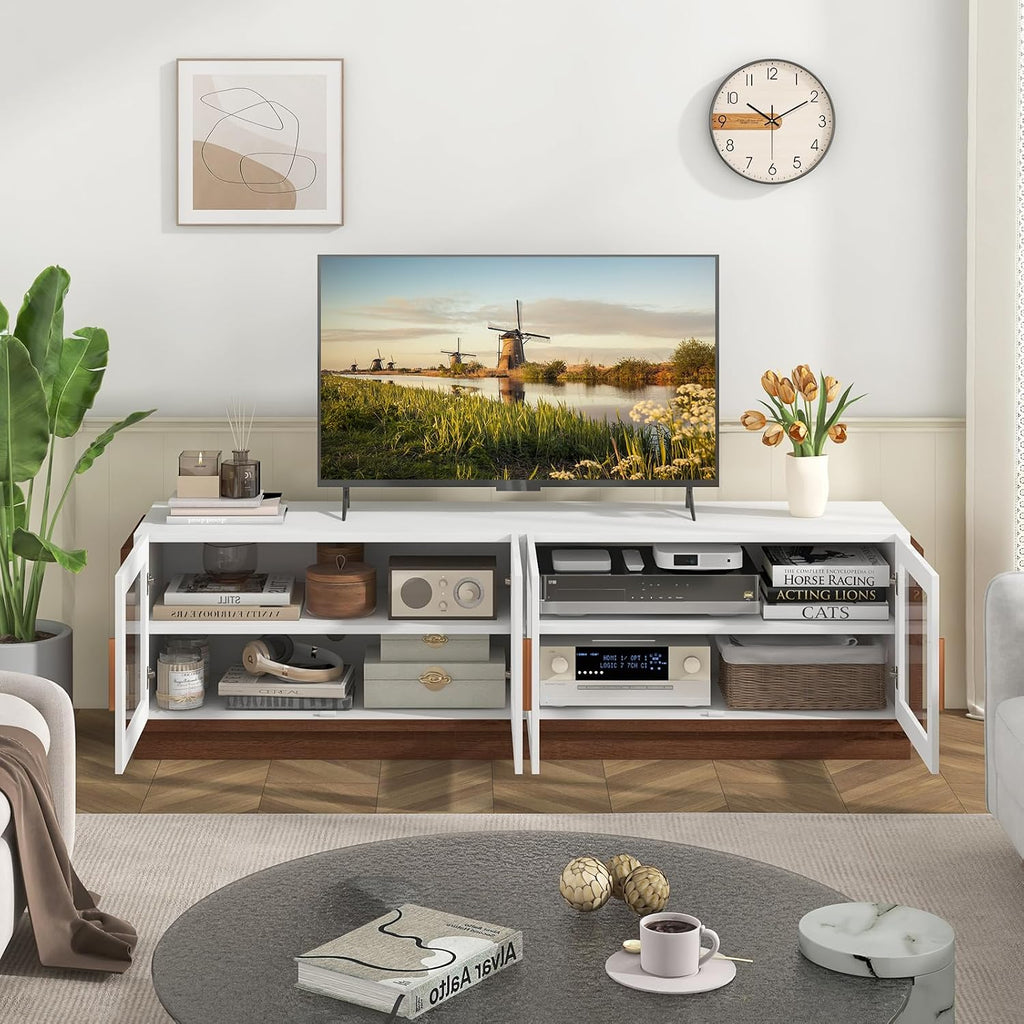 Giantex Large TV Stand for TVs up to 75', Entertainment Center with 4 Tempered Glass Doors, 2 Adjustable Shelf, 4 Cable Holes, Media Console, 70 x 16 x 20 Inches TV Cabinet for Bedroom, Living Room