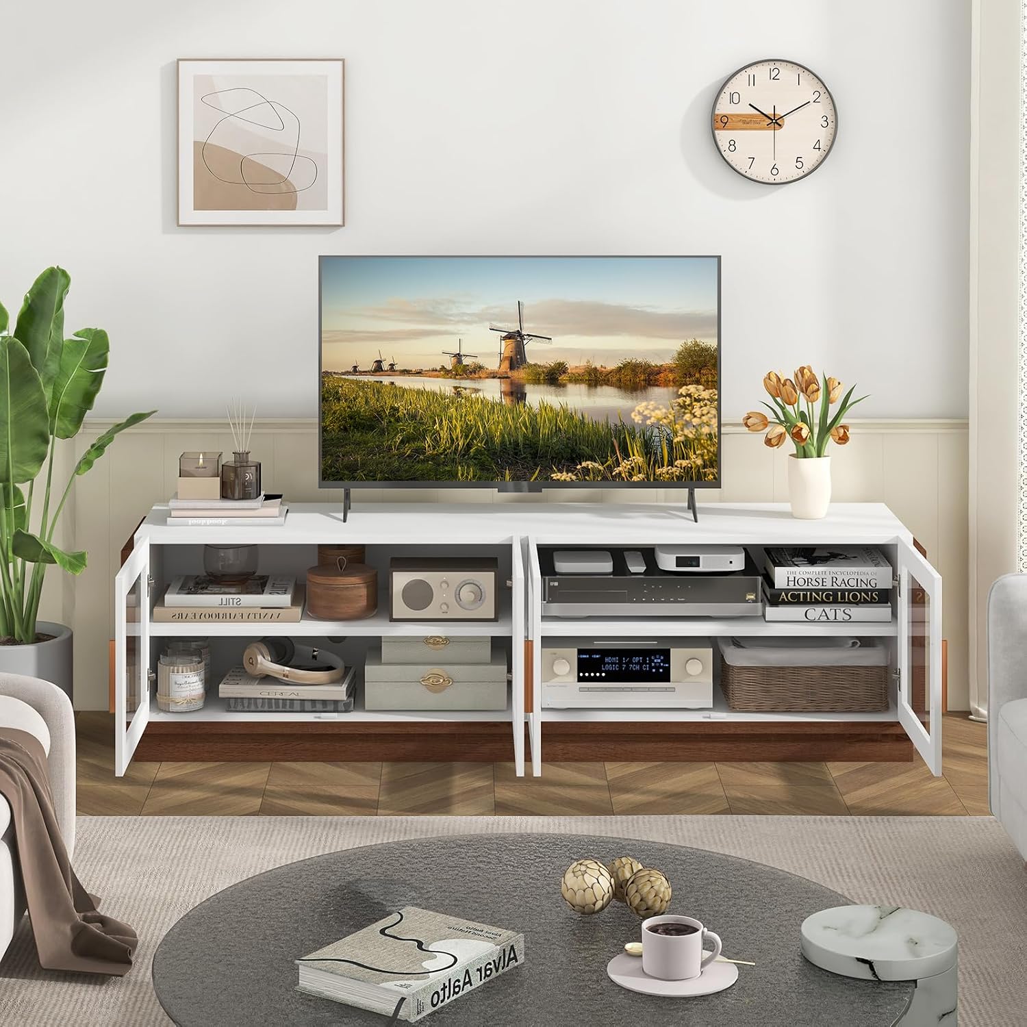 Giantex Large TV Stand for TVs up to 75', Entertainment Center with 4 Tempered Glass Doors, 2 Adjustable Shelf, 4 Cable Holes, Media Console, 70 x 16 x 20 Inches TV Cabinet for Bedroom, Living Room