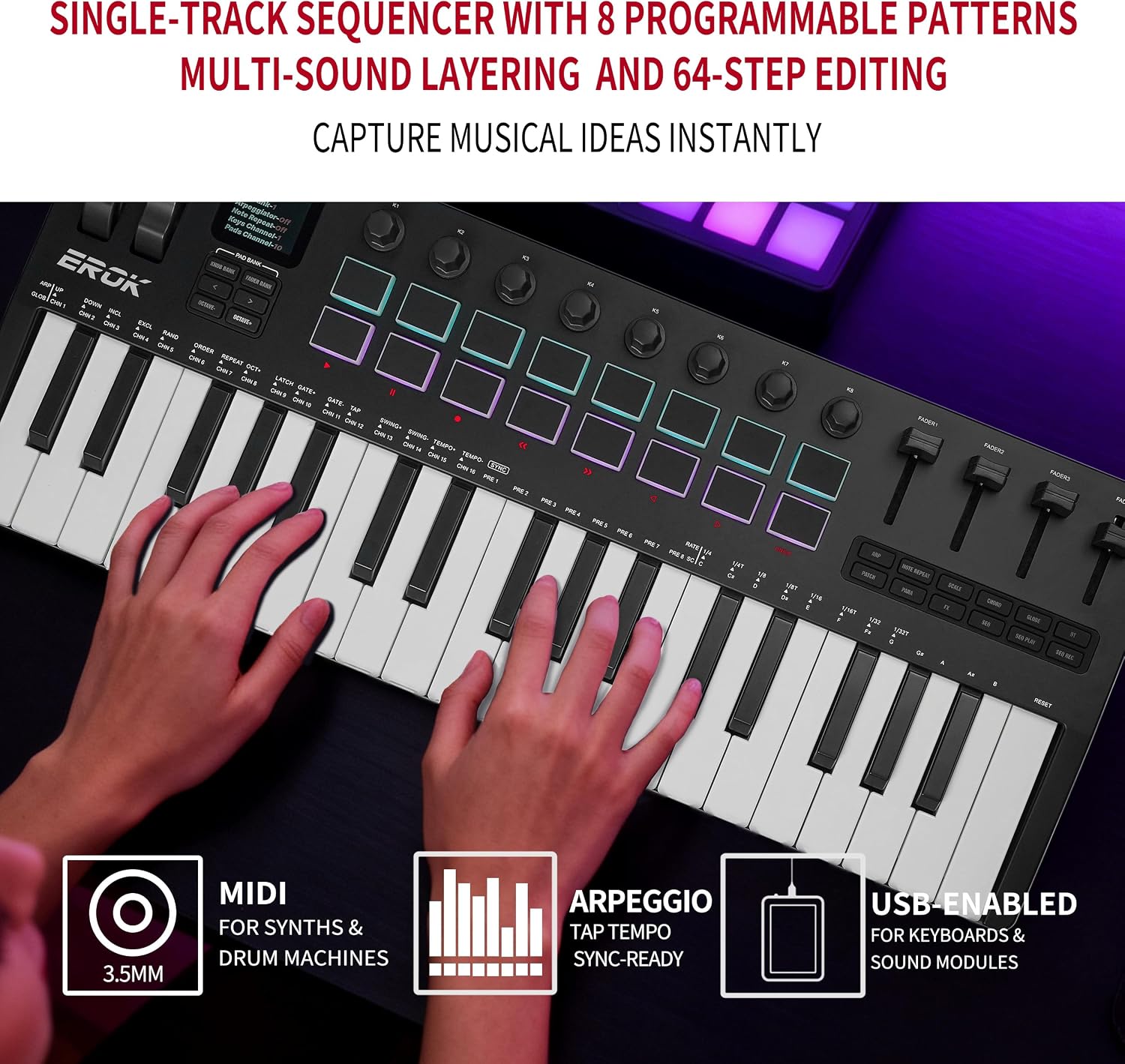 EROK 37 Keys MIDI Keyboard Controller with 3.5mm MIDI Output, 16 Backlit Drum Pads, 8 Knobs, DAW Integration & Arpeggiator, Music Production Equipment and Studio Controller (Black)