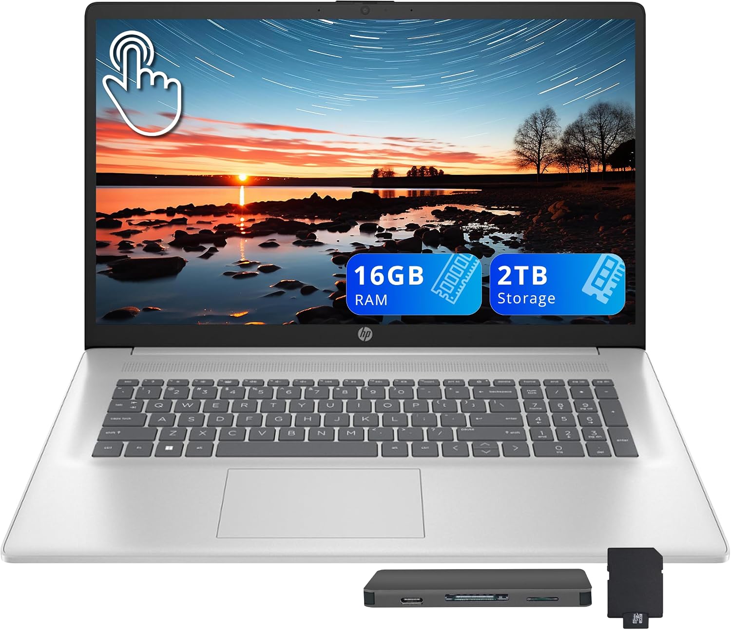 HP 17.3' HD+ Touchscreen Laptop, AMD Ryzen 5 7430U, 16GB RAM, 2TB Storage (1TB SSD+1TB Docking Station Set), AMD Radeon Graphics, Numeric Keypad, HD Webcam, Wi-Fi 6, Win 11, Silver