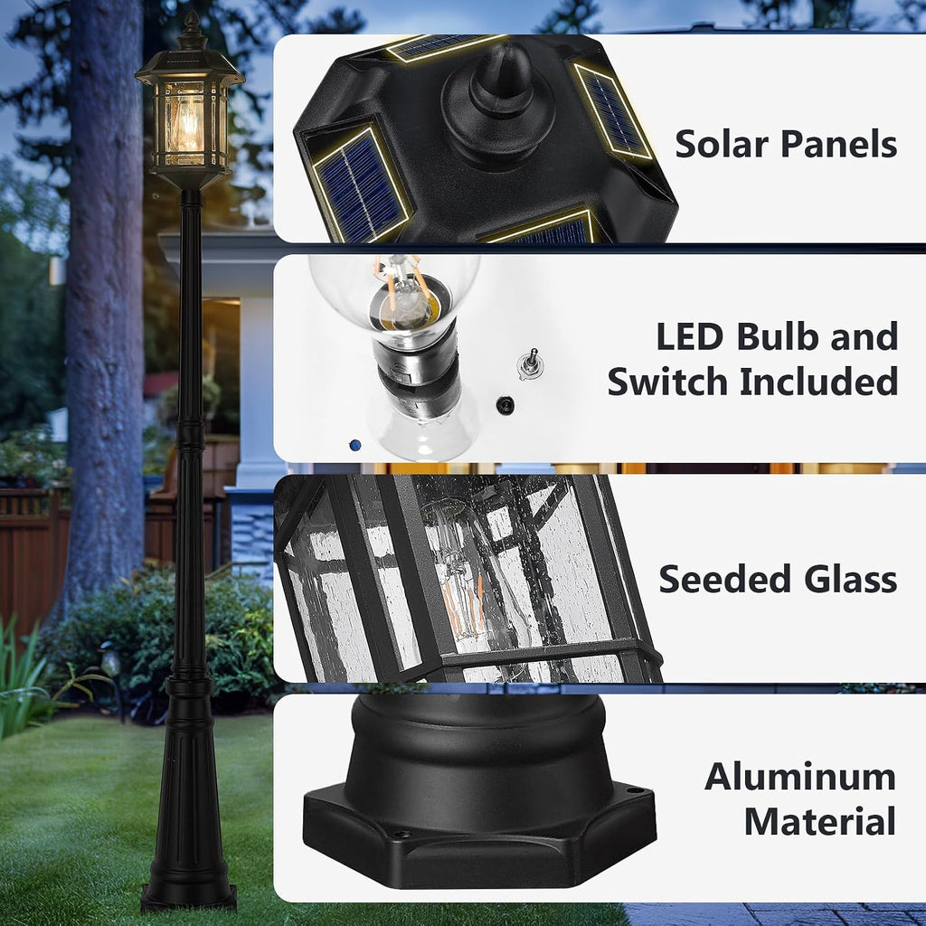 Emliviar 82' Solar Street Lamp Outdoor, LED Dusk to Dawn Pole Solar Light with Remote Control, Waterproof Post Lighting with Seeded Glass, A2202110PL-SL BK