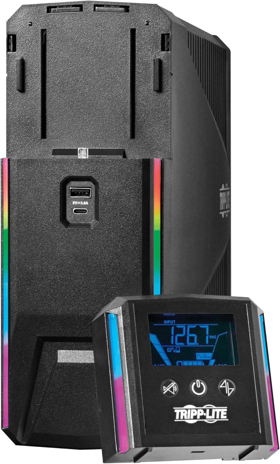 Tripp Lite Pure Sine Wave Gaming UPS Battery Backup, 1500VA 900W 120V, Detachable LCD, Automatic Voltage Regulation, USB, RGB LED Lights, 3-Year Warranty & $250K Insurance (SMART1500PSGLCD)