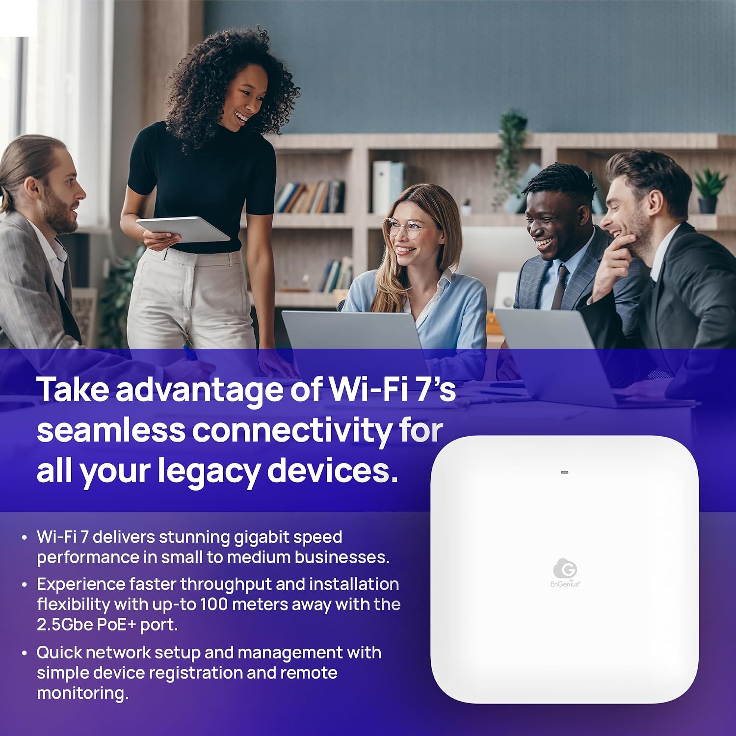 EnGenius ECW520 Wi-Fi 7 Tri-Band Indoor Access Point – 10.8 Gbps Speeds, 2x2x2 MU-MIMO, 2.5GbE PoE+, 2.4/5/6GHz, 320MHz Channels, 1,200 Sq Ft Coverage, Cloud Managed, AC Adapter NOT Included