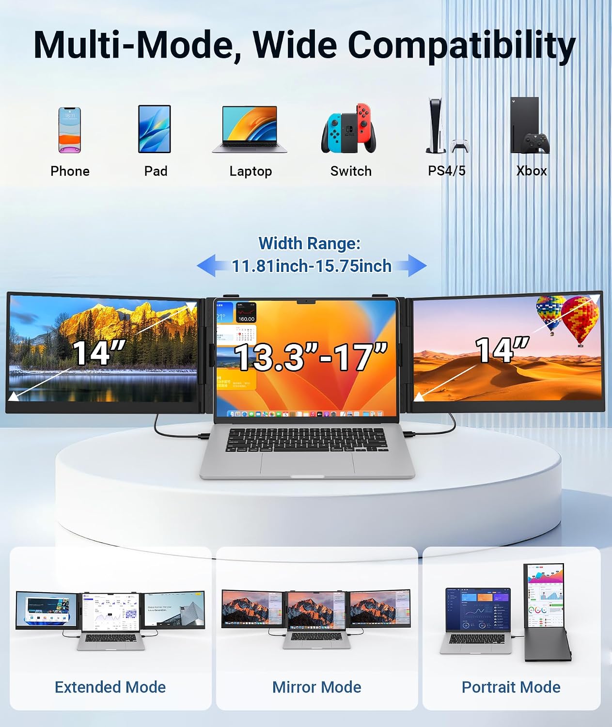 Laptop Screen Extender, Ultra Thin 14' 1080P FHD Triple Portable Monitor for Laptops 13-17.3', 2.2lbs Lightweight Travel Dual Monitor Extender, Plug-Play Aluminum Extended for Mac/Windows/PS5/Chrome