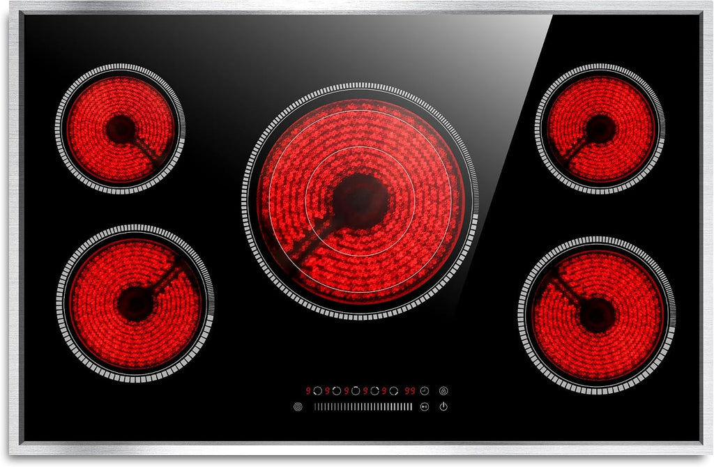 36 Inch Electric Cooktop, 5 Burner Stove Top with Slide Control, 9200W Electric Stove with Child Lock, Timer & Pause Function 36' Glass Cooktop, 220V Hard Wire(No Plug)