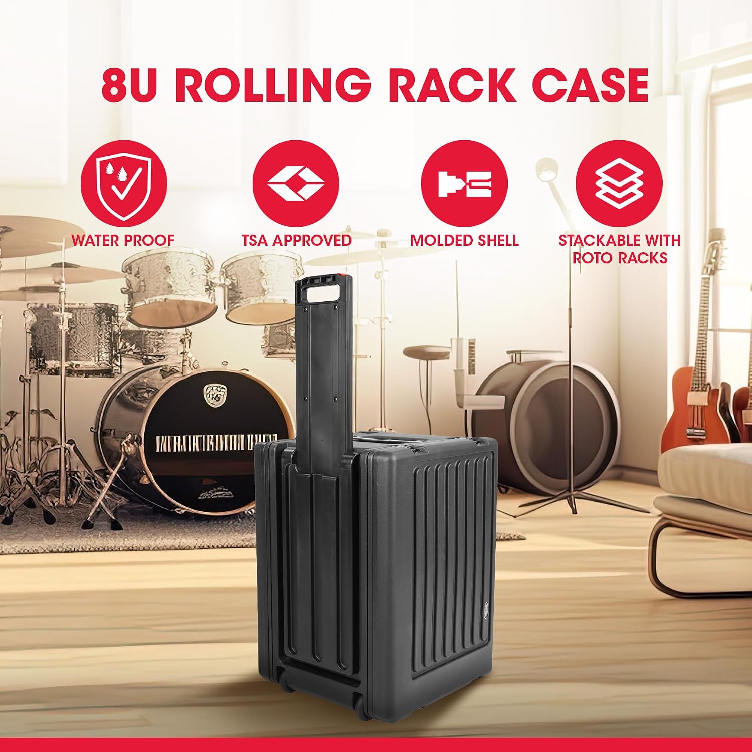 SKB 8U rSeries Shallow Rolling Rack with Integrated Back Wheels and 1-Touch Pull Handle, Comes with 8 Rack Units and Interlocking Molded Stacking Bars