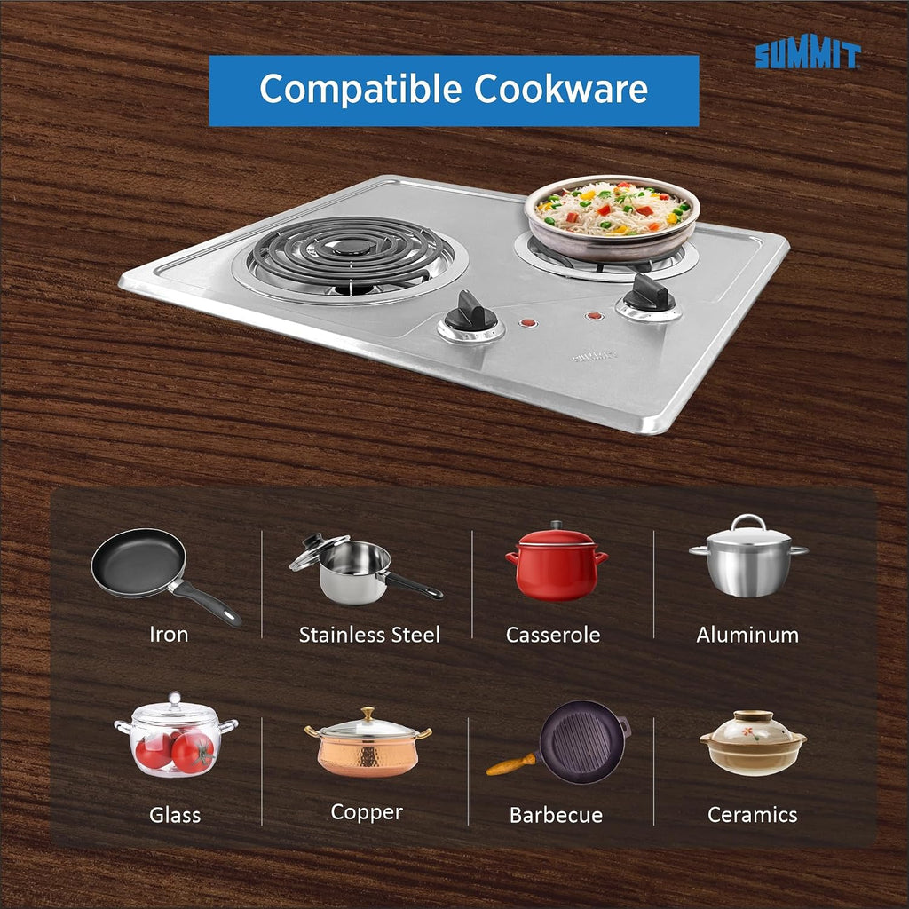 Summit 21' 2 Burner Electric Cooktop 230 Volt Coil Electric Cooktop, ADA compliant, Stainless Steel- CR2B224S