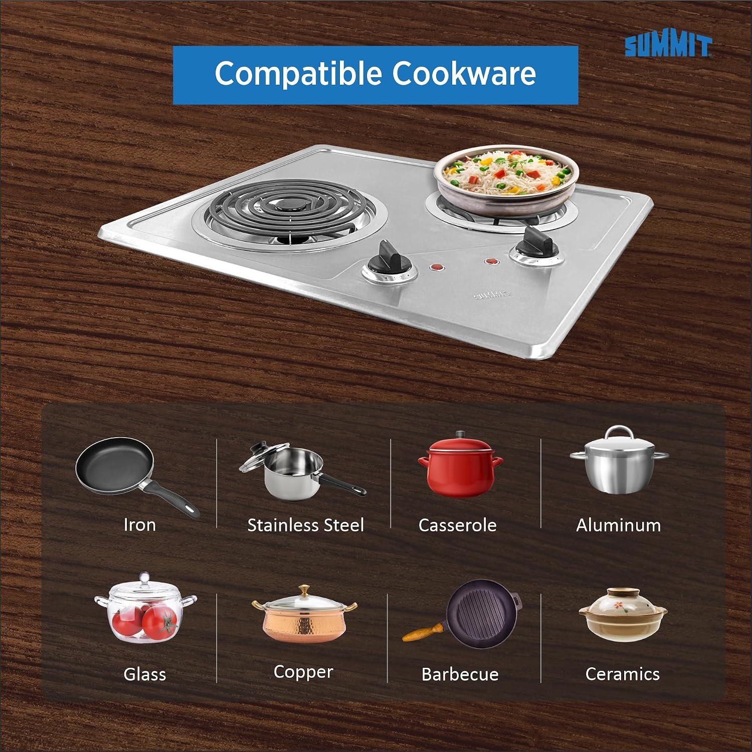 Summit 21' 2 Burner Electric Cooktop 230 Volt Coil Electric Cooktop, ADA compliant, Stainless Steel- CR2B224S