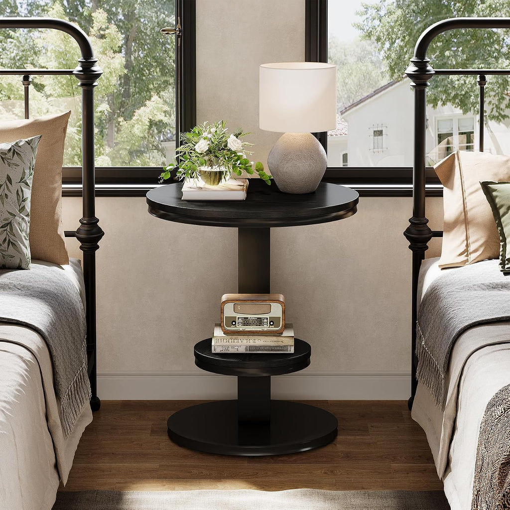 Tribesigns Round End Table Set of 2, 2 Tiers Side Table with Storage Shelf, Sofa Side Bedside Nightstand with Metal Arc-Shaped Frame for Small Spaces, Living Room, Bedroom, Black (2PCS)