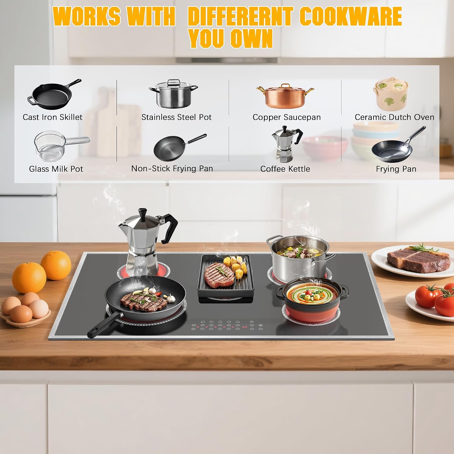 Electric Cooktop 36 Inch, 5 Burners Electric Stove Top Touch Control, 8400W Built-in Ceramic Stovetop 36' with Expandable Zone, Child Lock, Timer, Pause Control, 220-240v Hardwired (No Plug)