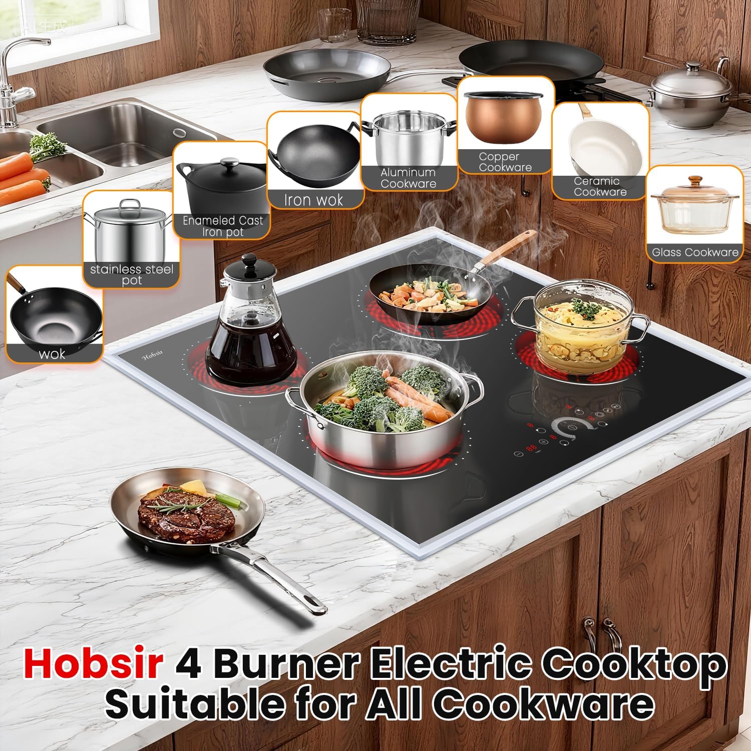 Hobsir 24 inch Electric Cooktop 6200W, 4 Burner Electric Stove Top, Built-in Circular Slide Ceramic Stove with Glass Metal Frame, Timer, Safety Lock, 220V-240V Burner Hard Wire (No Plug)