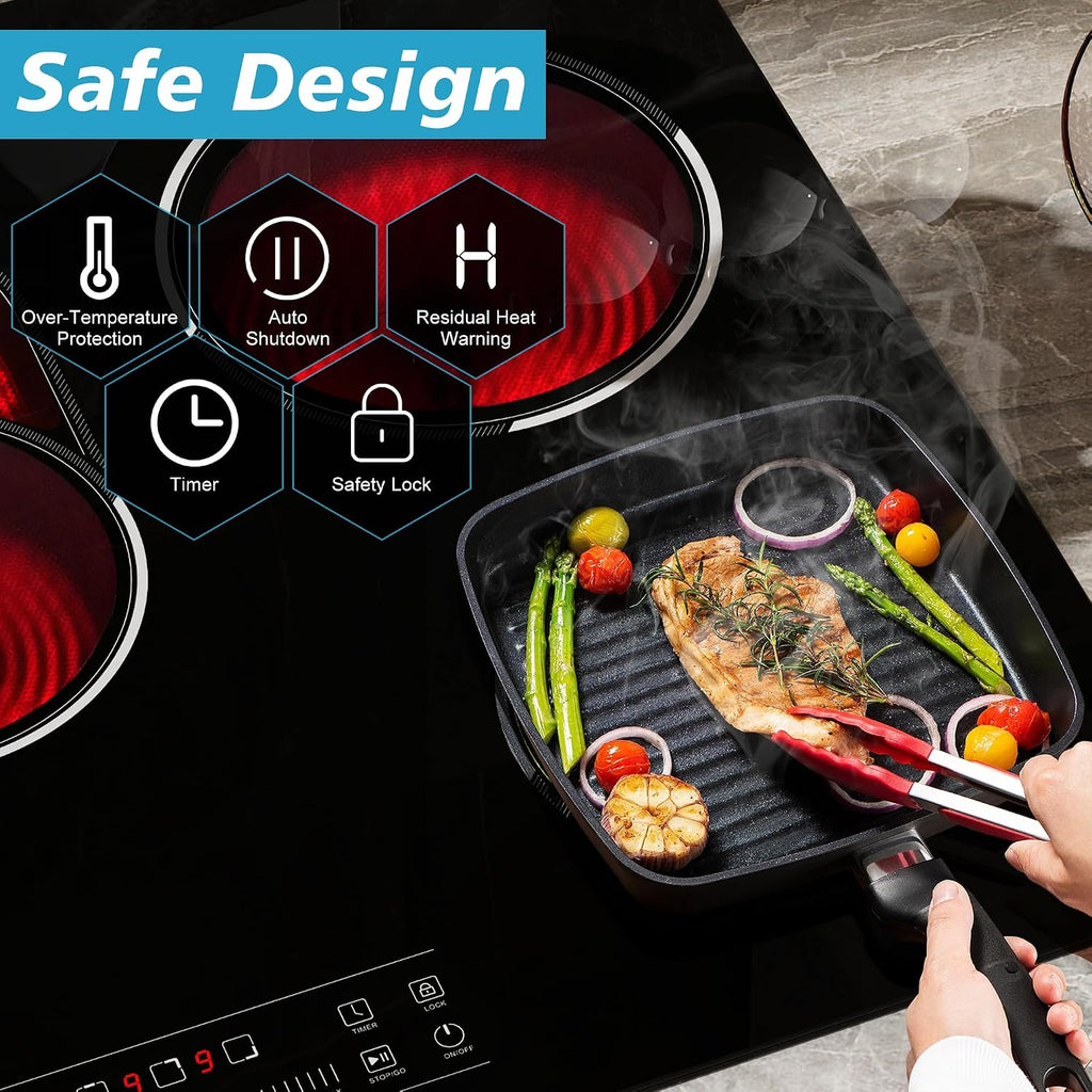 5 Burner Electric Cooktop, 30 Inch 8400W Built-in Electric Stovetop, Glass Ceramic Cooktop with Expanded Zone, Slide Touch Control, Child Lock, Timer, Pause, 220V - 240V Hard Wire, No Plug