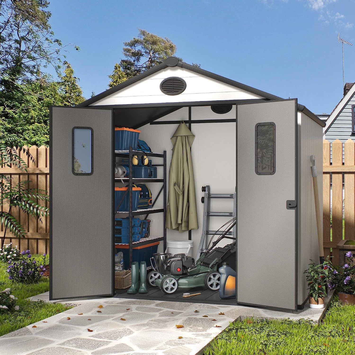 8x8 FT Resin Storage Shed, Featuring 0.6' Thick Panels, Weatherproof Outdoor Tool Shed with Floor for Garden, Lawn, Backyard