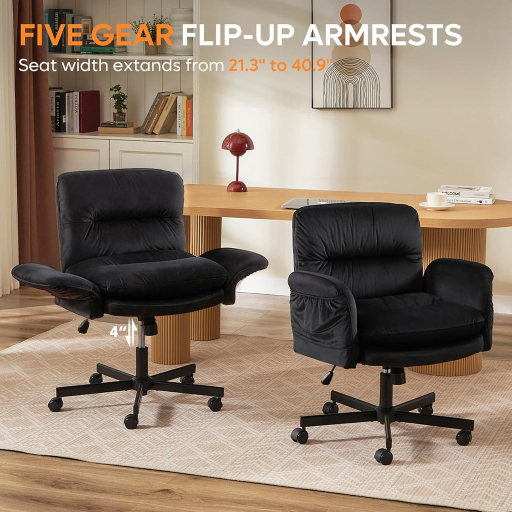 Bestier Criss Cross Office Chair with Flip-Up Armrests, Swivel Makeup Vanity Chair with Wheels & Side Pockets, Cross Legged Office Chair for Home Office, Bedroom, Black Velvet