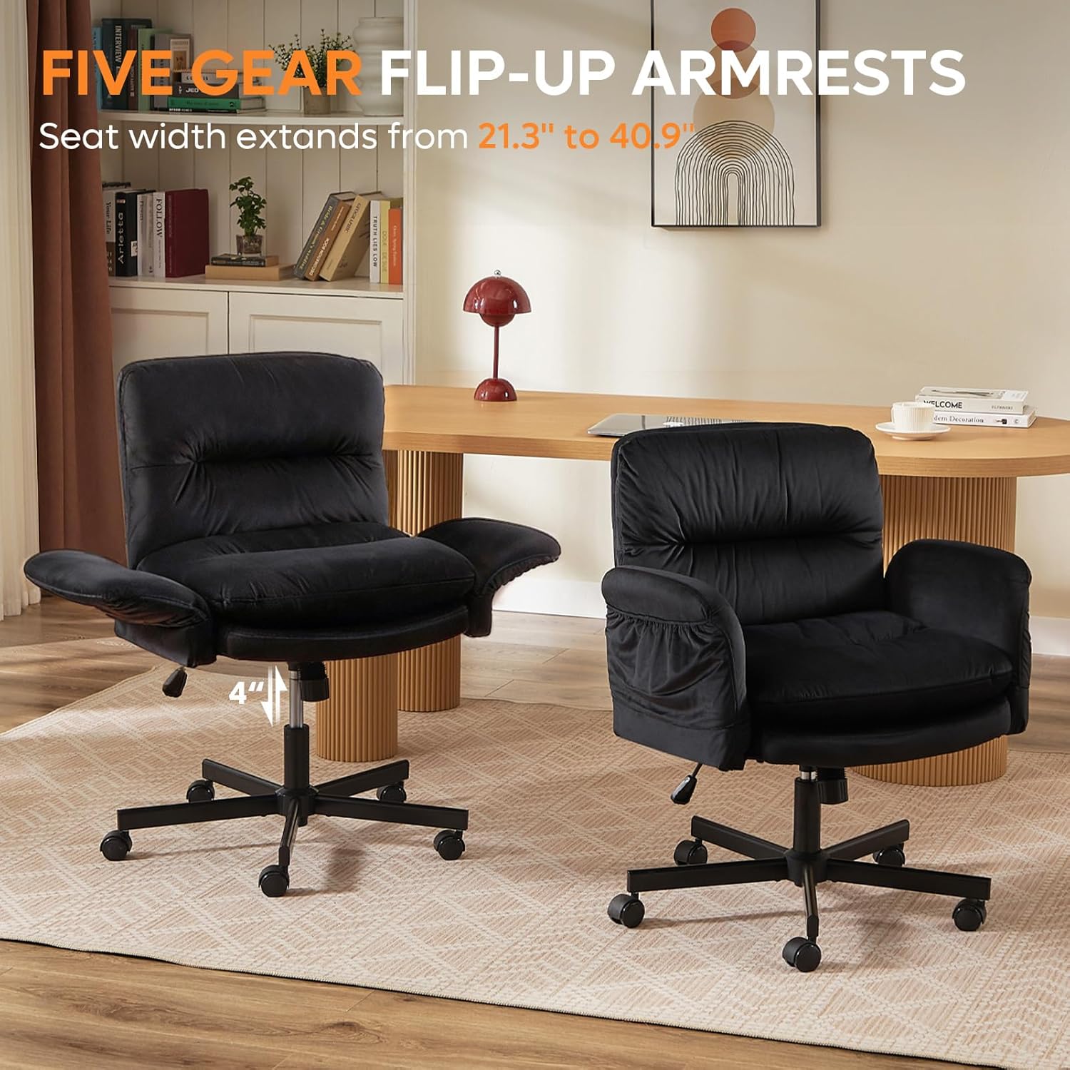 Bestier Criss Cross Office Chair with Flip-Up Armrests, Swivel Makeup Vanity Chair with Wheels & Side Pockets, Cross Legged Office Chair for Home Office, Bedroom, Black Velvet