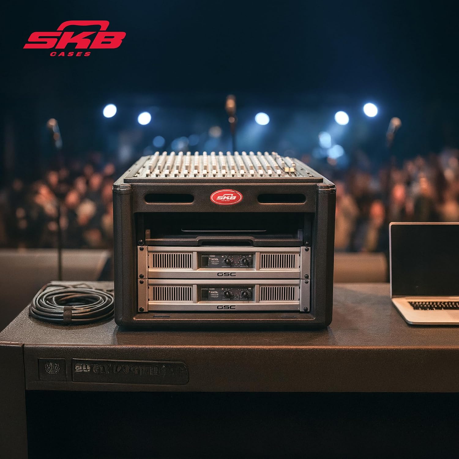 SKB Roto Rack/Mixer Console, 10U Slanted Rackmount on top, 6U Rackmount in Front with Steel Threaded Rails, Hard Lid and Doors and Side Access Ports
