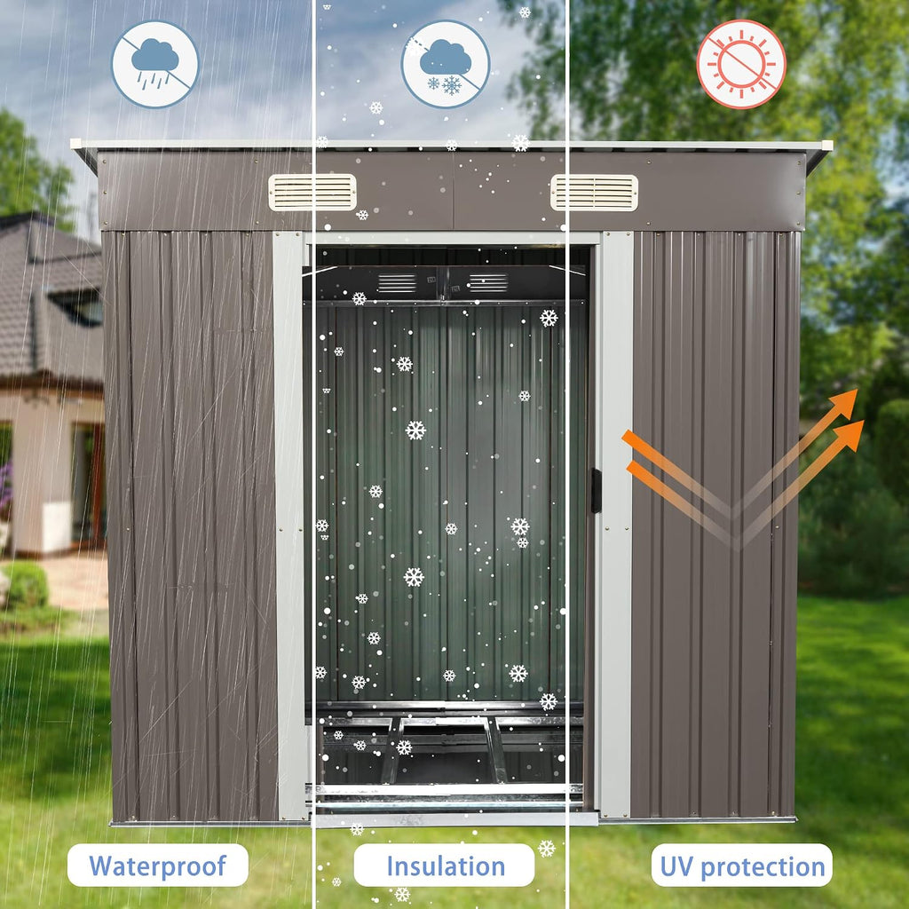 6x4 FT Outdoor Storage Shed, Metal Garden Shed with Frame Floor, Outside Tool Shed with Lockable Sliding Door, Waterproof Storage Building with Sloped Roof & Air Vents for Backyard, Patio, Warm Gray