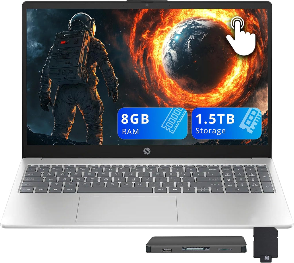 HP 15.6' FHD Touchscreen Laptop, AMD Ryzen 5 7520U, 8GB LPDDR5 RAM, 1.5TB Storage (512GB SSD+1TB Docking Station Set), AMD Radeon Graphics, Num Pad, Copilot, Long Battery Life, Wi-Fi 6, Win 11, Silver
