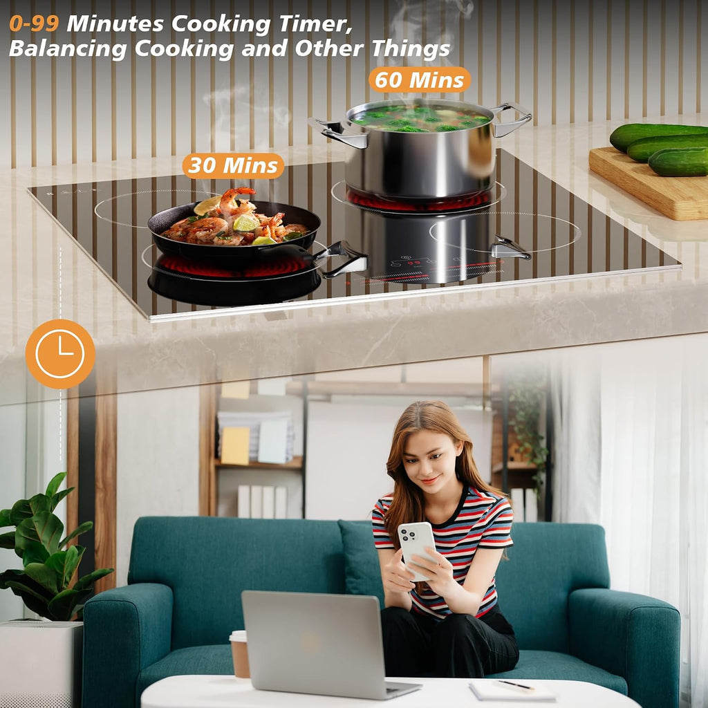 4 Burner Electric Cooktop 24 Inch, 6000W Cooktop Electric Slide Controls, Built in Electric stove top, Glass Protection Metal Frame, 9 Power Levels, Safety Lock, Timer, 240V Hard Wire(No Plug)