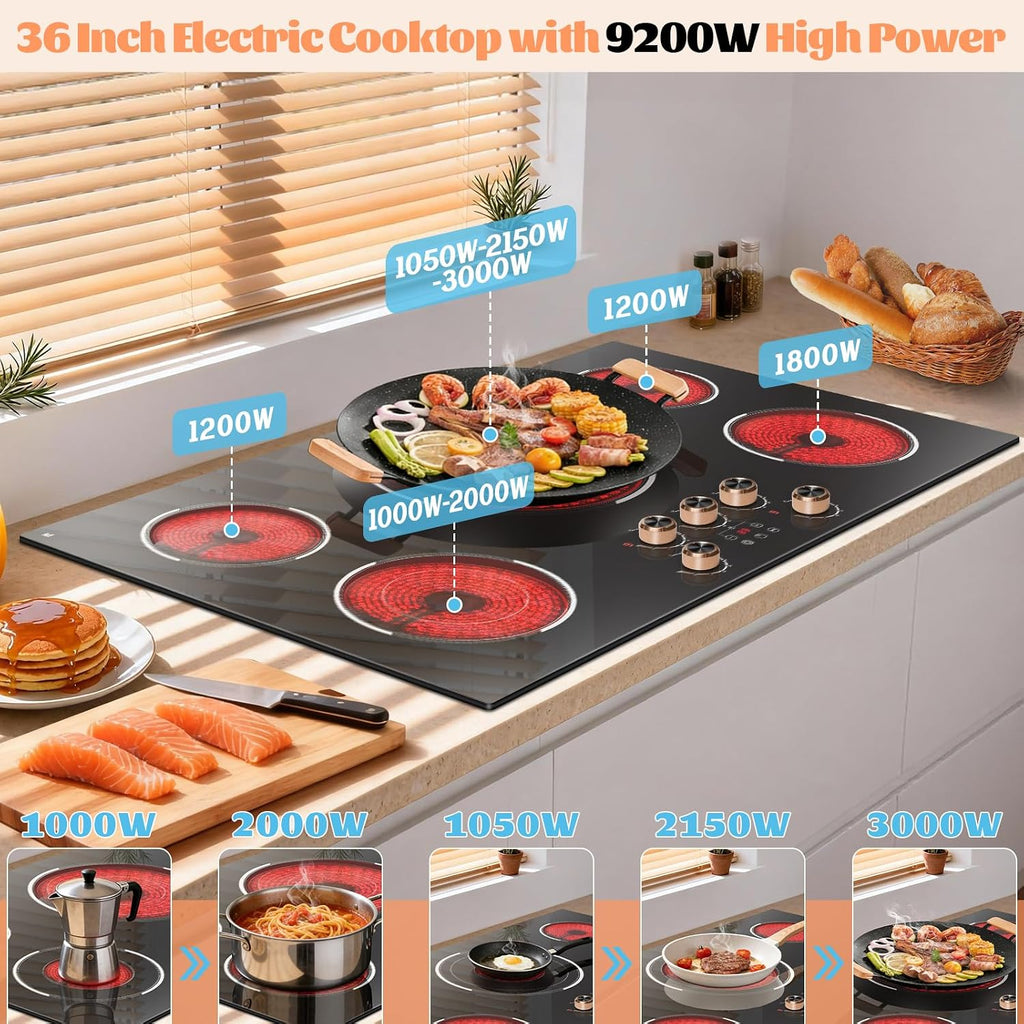 36 Inch Electric Cooktop 220V, 9200W Powerful 5 Burner Electric Stove Top, Built-in Ceramic Cooktop 36' with Dual/Triple Ring Burner, Knob & Touch Control, Safety Lock, 220-240V Hard Wire