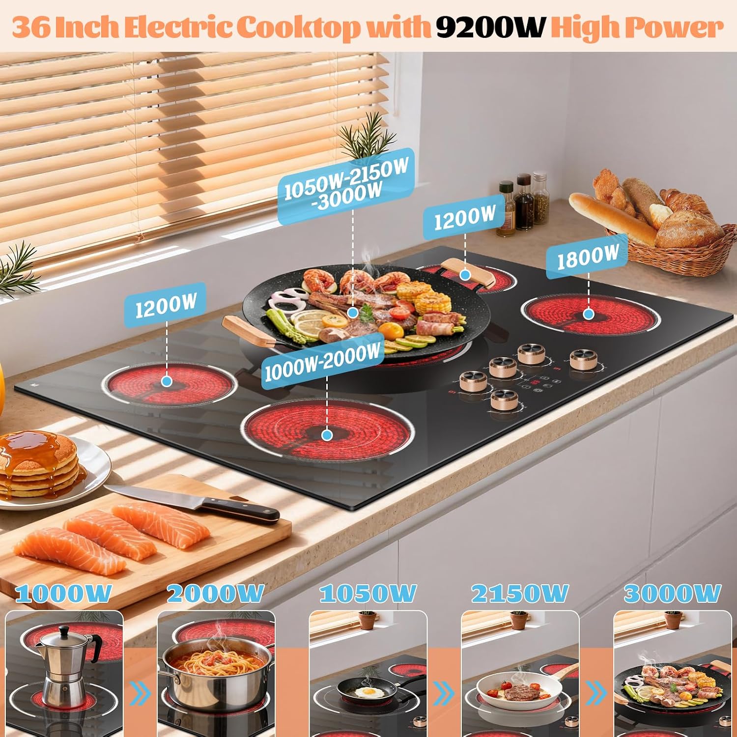 36 Inch Electric Cooktop 220V, 9200W Powerful 5 Burner Electric Stove Top, Built-in Ceramic Cooktop 36' with Dual/Triple Ring Burner, Knob & Touch Control, Safety Lock, 220-240V Hard Wire