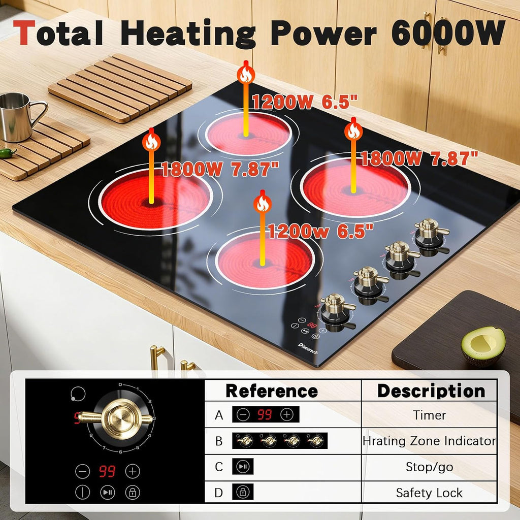 24 Inch Electric Cooktop - 4 Burner Drop-in(22.05'x19.3') Ceramic Stove Top 6000W, 220V Electric Stove, 9 Power Level, Pause, Safety Lock, Touch & Knob Control, 240V Hard Wired (No Plug)