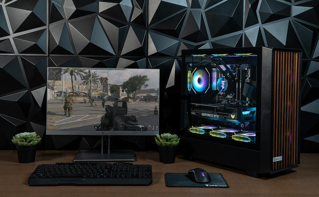 ViprTech Overlord Wood Gaming PC - AMD Ryzen 7 (4.4Ghz Turbo), RTX 5050 8GB, 16GB DDR4 RAM, 1TB SSD, 700W PSU, Black Wood Case, RGB Keyboard Mouse, VR-Ready, WiFi BT, Computer Tower Prebuilt