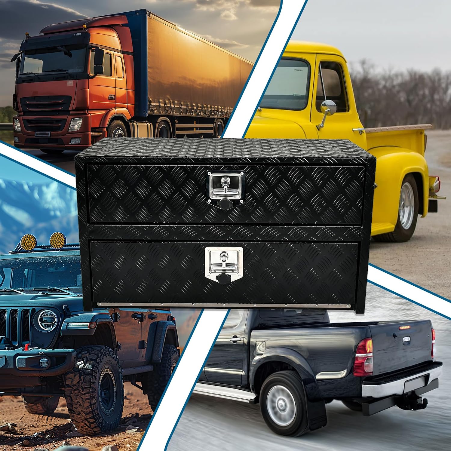 36'' Inch Black Aluminum Underbody Truck Box w/Drawer & Lock T-Handle Latch Key 36 x 18 x 20 Inch Truck Tool Box Job Box For Storage & Organization