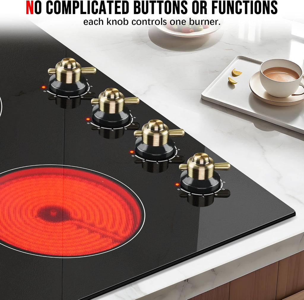 Karinear 4 Burner Electric Cooktop 24 Inch, Built-in Stove Top, 220-240v Radiant Cooktop with Knob Control, Residual Heat Indicator, Over-Temperature Protection, Hard Wire, Gold Knob