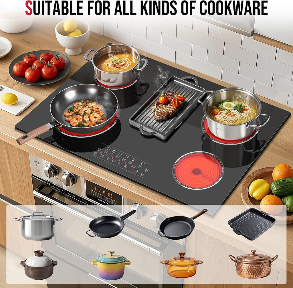 30 Inch Electric Cooktop 5 Burner, 8400W Built-in Electric Stove Top, 30' Ceramic Cooktop with Expanded Zone, Touch Control, Timer, Pause Control, Safety Lock, 220-240V, Hard Wire, No Plug