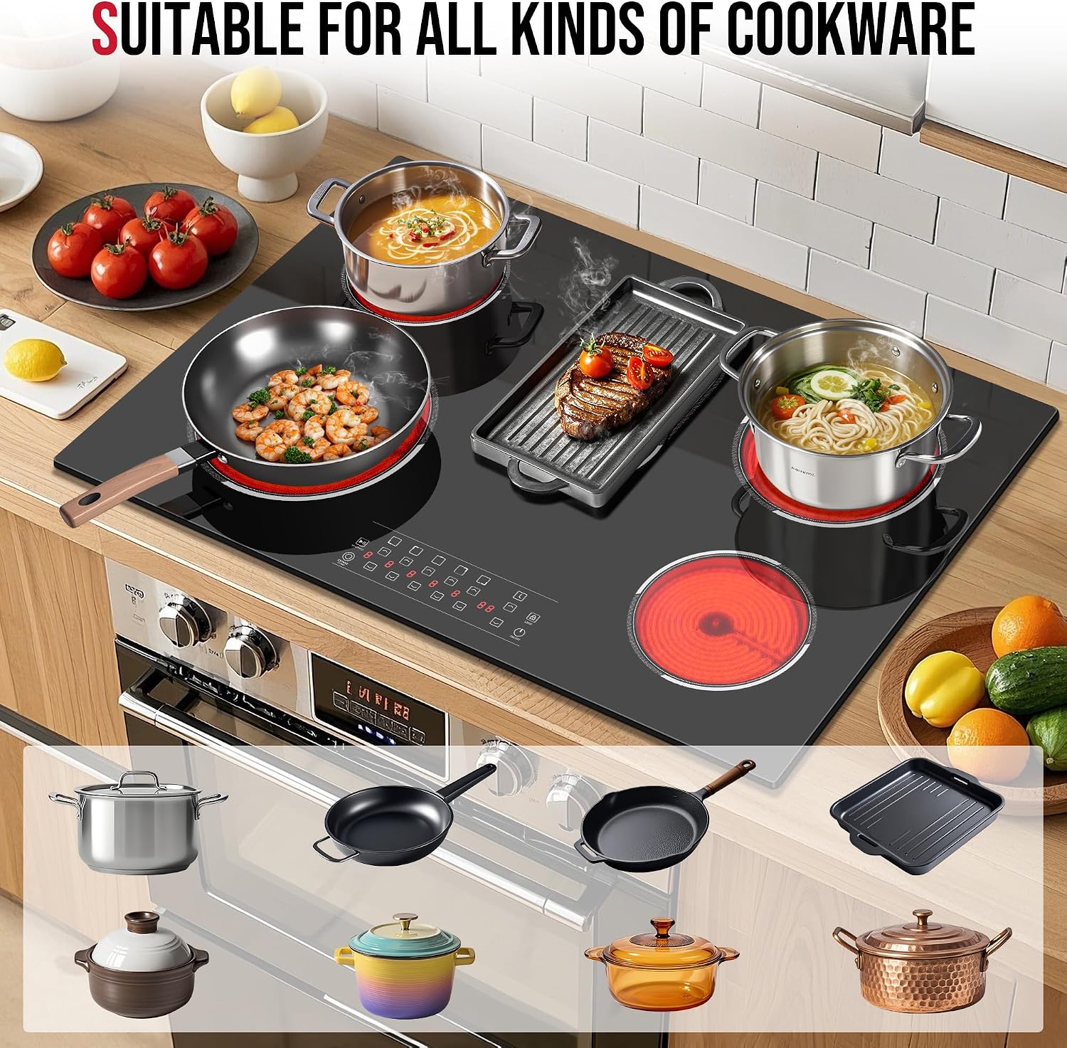 30 Inch Electric Cooktop 5 Burner, 8400W Built-in Electric Stove Top, 30' Ceramic Cooktop with Expanded Zone, Touch Control, Timer, Pause Control, Safety Lock, 220-240V, Hard Wire, No Plug