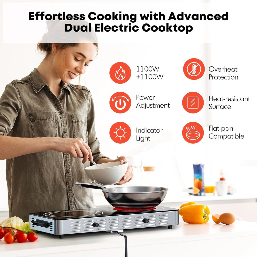 Electric Cooktop, Dual 2200 Watts Infrared Burner, 2 Burner Electric Hot Plate for Cooking, Knob Control Countertop & Built-in Ceramic Cooktop, Overheat Protection Burner for Dorm, Kitchen