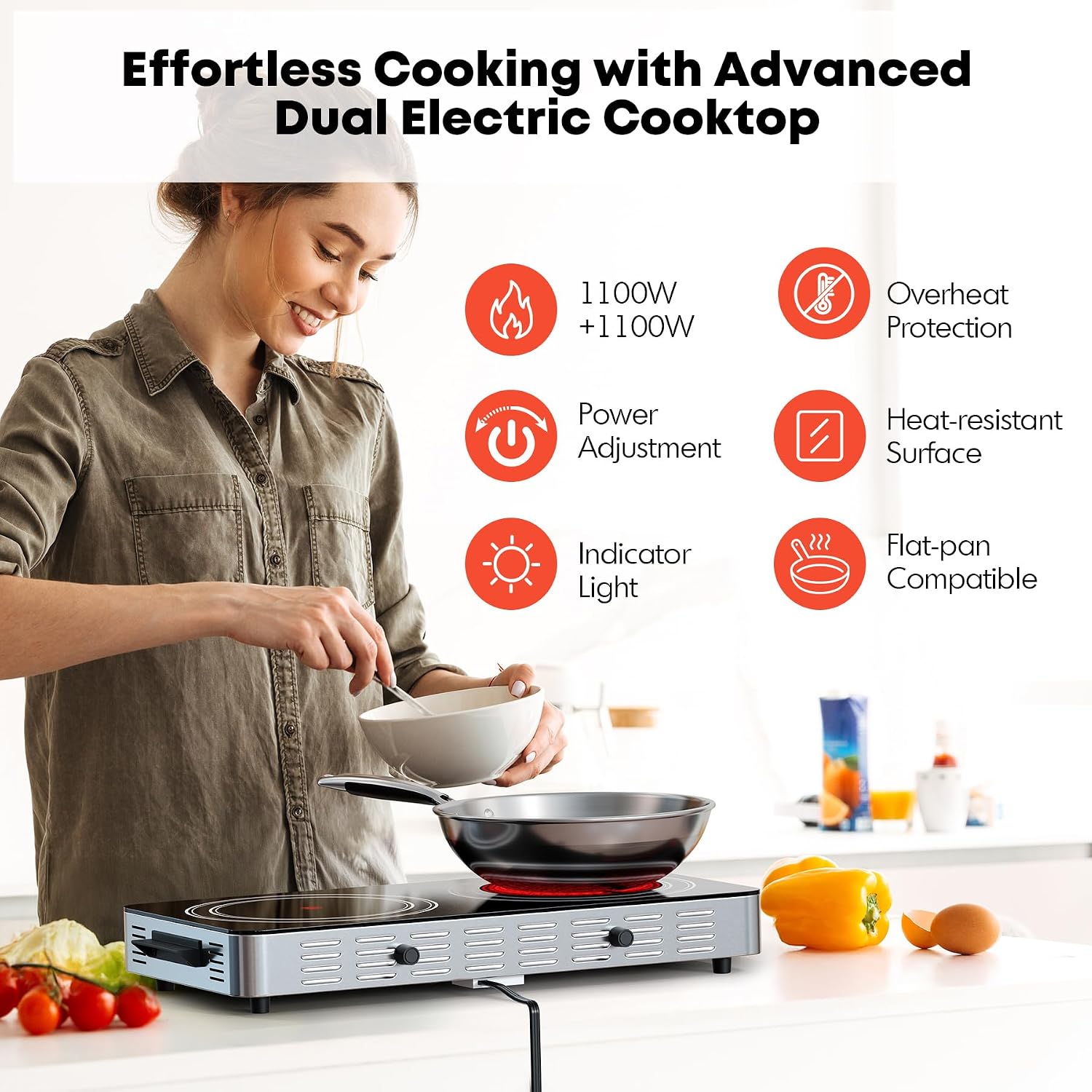 Electric Cooktop, Dual 2200 Watts Infrared Burner, 2 Burner Electric Hot Plate for Cooking, Knob Control Countertop & Built-in Ceramic Cooktop, Overheat Protection Burner for Dorm, Kitchen