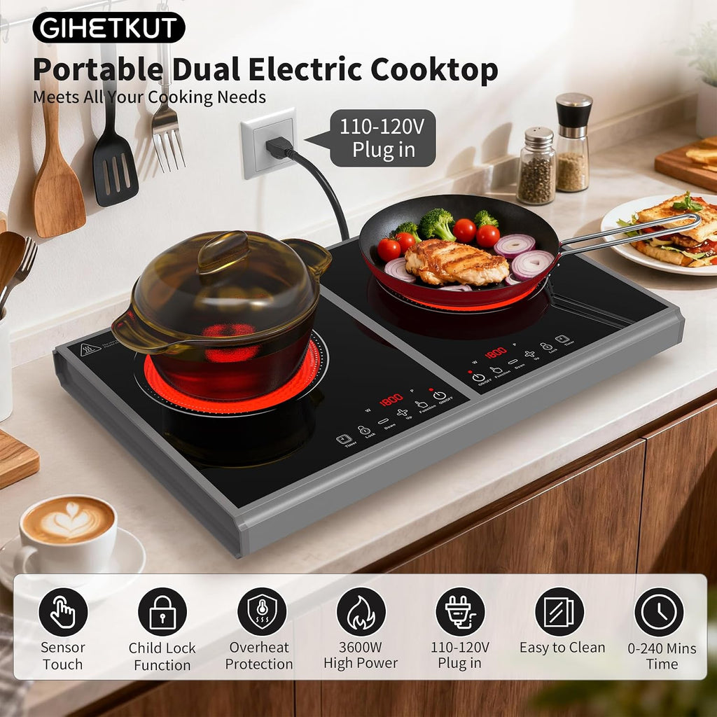 GIHETKUT Electric Cooktop,110V 3600W Stove top, 20 inch Countertop with 9 Power Levels,LED touch control,Overheat Protection,Child Safety Lock & Timer,touch control 2 burner Electric cooktop